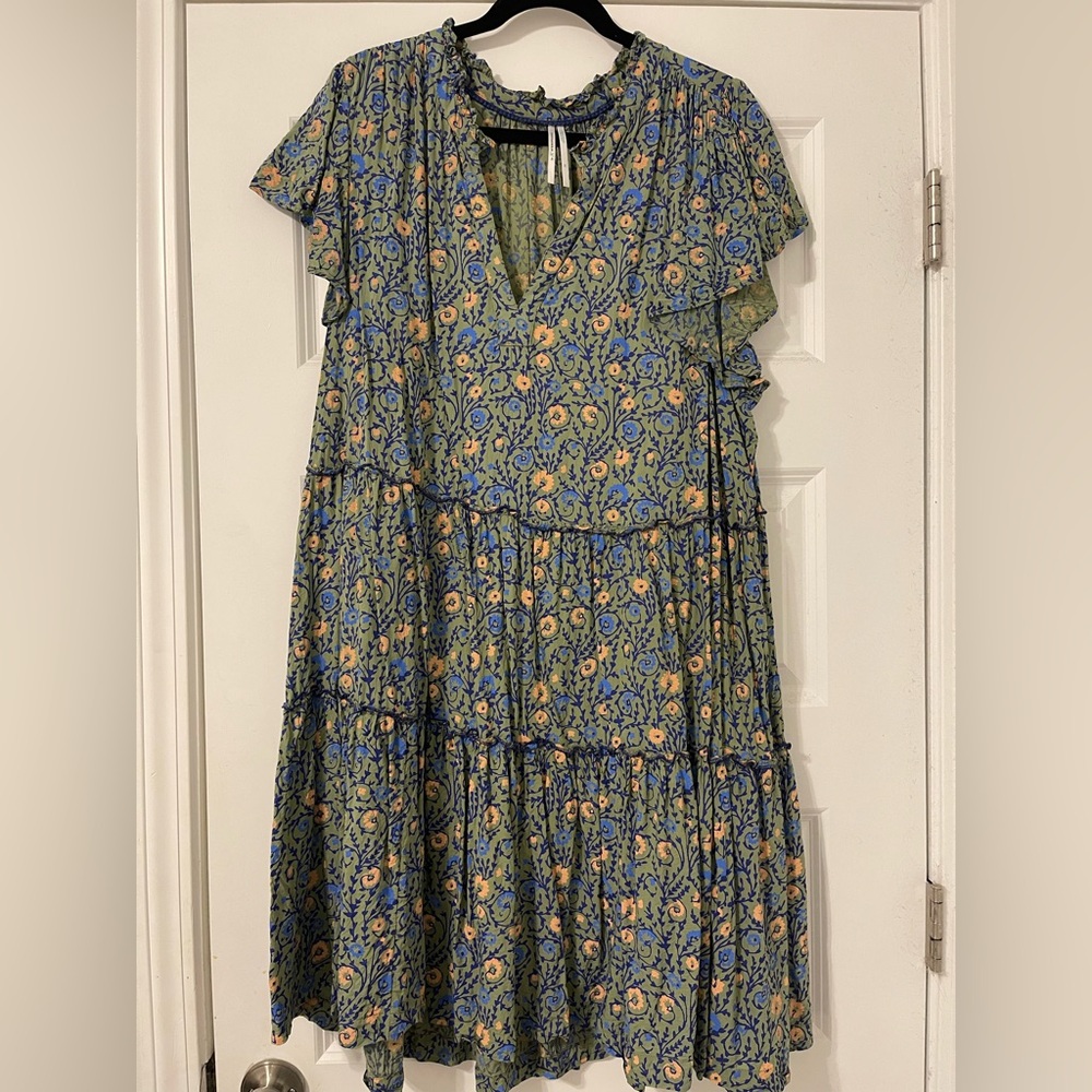Anthropologie Blue and Yellow Floral Mini Dress